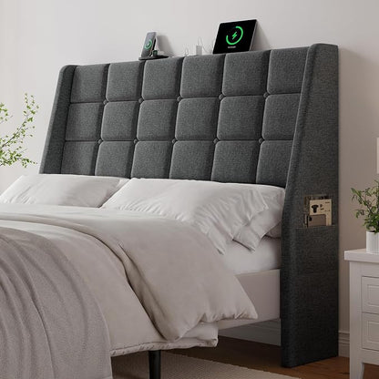 Ergonomic Upholstered Headboard Full Size w/Charging Station, Linen Wingback Headboards w/Storage Pocket, Full Headboard Only, Bed Frame Adapters, Sturdy Stable Solid Wood Bed Head Board, Dark Grey