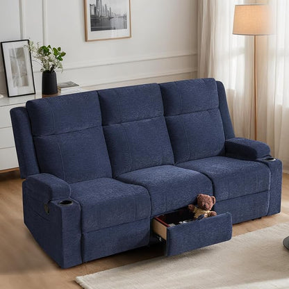 75'' Manual Reclining Sofa with Storage Drawer, 3 Seat Wall Hugger Recliner Couch with Cup Holders, Side Pockets, Chenille Fabric, Compact 3-Person Recliner for RV, Living Room, Apartment (Blue)