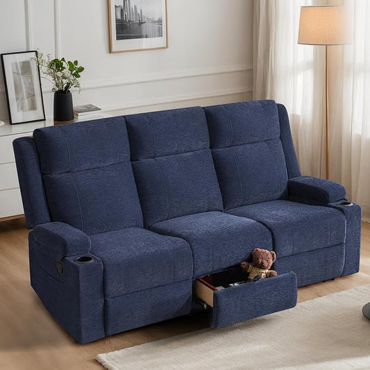 75'' Manual Reclining Sofa with Storage Drawer, 3 Seat Wall Hugger Recliner Couch with Cup Holders, Side Pockets, Chenille Fabric, Compact 3-Person Recliner for RV, Living Room, Apartment (Blue)