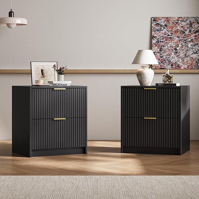 MAISONARIA 3-Piece Dresser Bedroom Set, 6 Drawer Dresser & 2 Drawer Nightstands with Gold Handles, Fluted Wood Chest of Drawers for Bedroom, Living Room, Entryway, Black