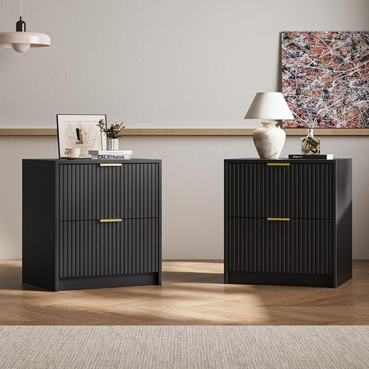 MAISONARIA 3-Piece Dresser Bedroom Set, 5 Drawer Dresser & 2 Drawer Nightstands with Gold Handles, Fluted Wood Chest of Drawers for Bedroom, Living Room, Entryway, Black