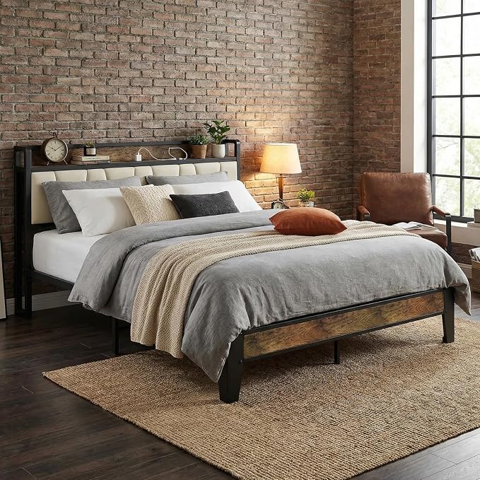 LIKIMIO Full Size Bed Frame with Storage Headboard & Charging Station | Upholstered Headboard, Storage Shelf, Solid and Stable, Noise Free, No Box Spring Needed, Easy Assembly (Walnut and Beige)