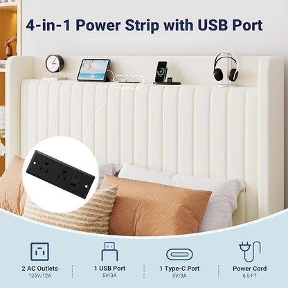 Allewie Full Size Lift Up Storage Bed Frame,Storage Shelf Headboard with Charging Station,Type-C and USB Ports,Hydraulic Support,Velvet Upholstered Bed Frame,No Box Spring Needed,Cream