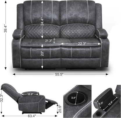 Yolsali Loveseat Recliner Sofa, Manual Reclining Loveseat with Removable Armrest, Dutch Velvet Recliner Loveseat for Adults with 2-Tier Cushions, USB Charging Ports, Cup Holders - Grey