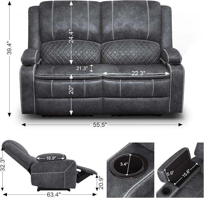 Yolsali Loveseat Recliner Sofa, Manual Wall Hugger Reclining Loveseat with Removable Armrest, 2-Tier Cushions, USB Ports & Cup Holders, RV Couch for Travel Trailers/Living Room, Velvet Gray