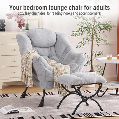 Furlide Lazy Chair with Ottoman, Modern Accent Chair with Armrests and a Side Pocket, Plush Grey Accent Chairs, Reading Chairs, Oversized Armchairs for Bedroom, Study, Living Room, Courtyard