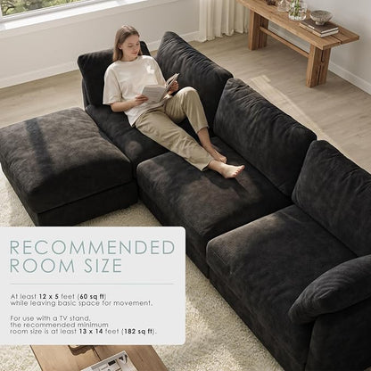 114" Cloud Couch Sectional Couches for Living Room Black | 10" High-Resilience Cloud Cushion, 36" Movable Ottoman, Plus-Size Friendly Couch, 28" Extra Deep Seat Sofa
