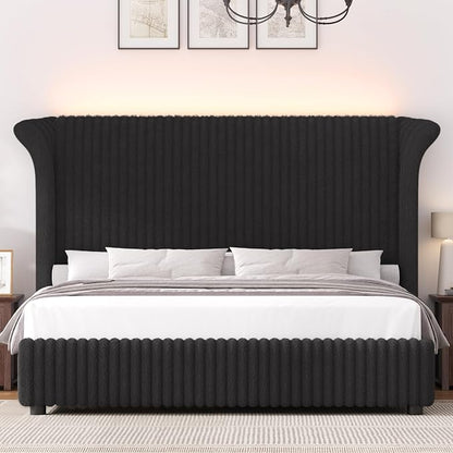 Keyluv King Bed Frame with 54.3” Tall Faux-Fur Wingback Headboard, Upholstered Platform Bed with LED Light, Mattress Foundation with Solid Wooden Slats Support, No Box Spring Needed, Noise-Free, Black
