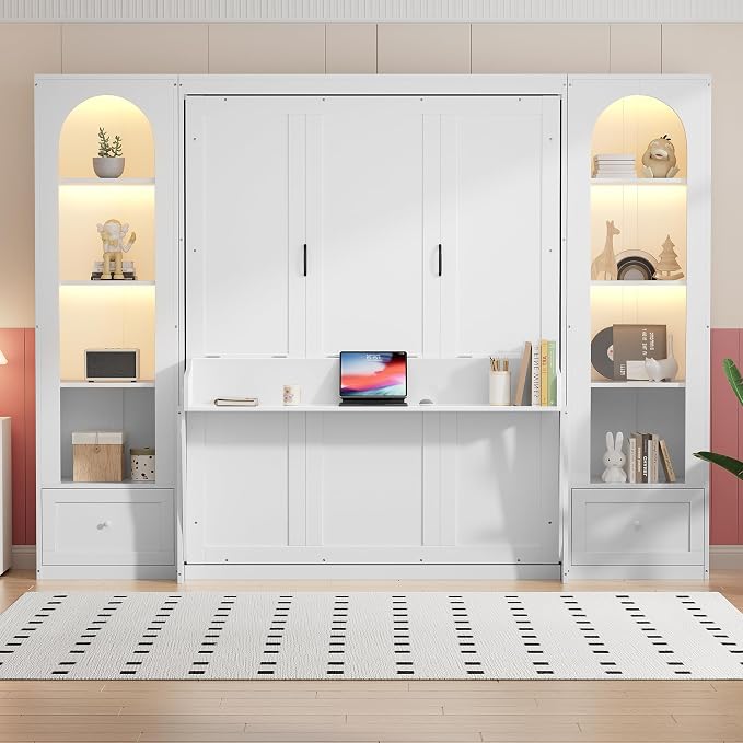 PVWIIK Queen Size Murphy Bed with Storage Drawers & Desk for Save Space & Small Space,Bedroom,Guest Room,Wall Bed Frame Folding into Cabinet Design w/LED & Storage Shelf,White