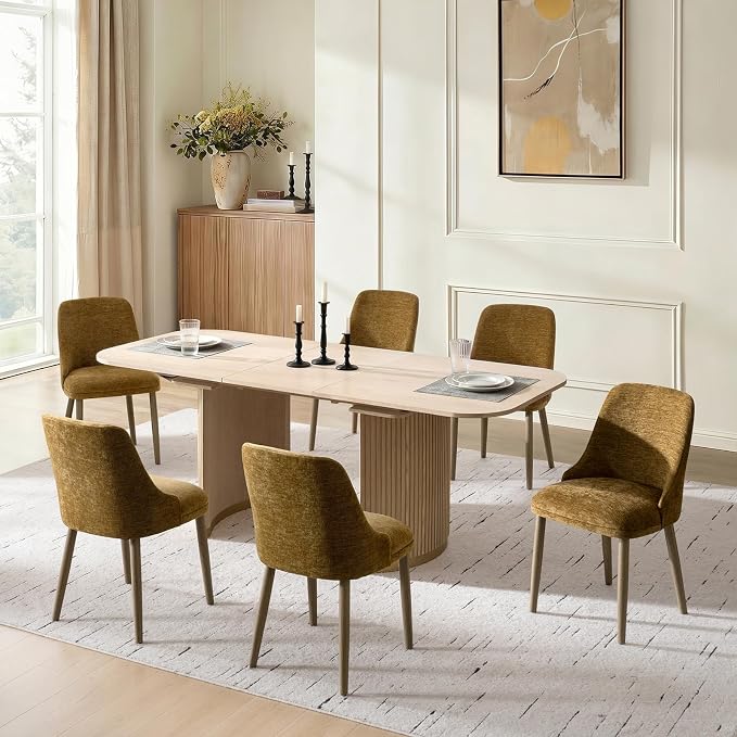 Upholstered Dining Chairs Set of 6, Fabric Dining Room Chairs with Curved Backrest, Solid Wood Legs, Modern Kitchen Chairs for Dining Room Living Room, Golden