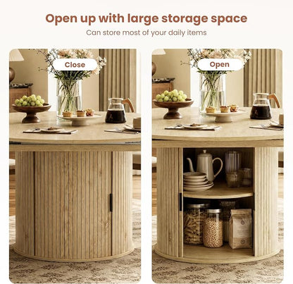 47''-63'' Extendable Round Dining Table for 4-6, Round Dining Room Table with Hidden Storage, Modern Wooden Kitchen Table with Fluted Sliding Door Cabinet for Dining Room Kitchen, Nature