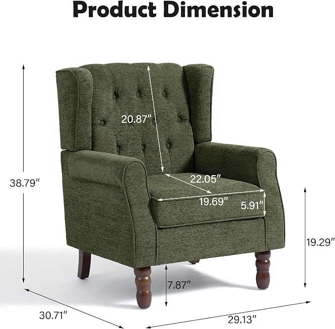 Mid-Century Modern 2-Piece Wingback Chair Set - Plush Upholstered Accent Chairs with Solid Wood Legs, High Back Lounge Seating for Living Room, Bedroom & Office - Retro Matched Pair (Dark Green)