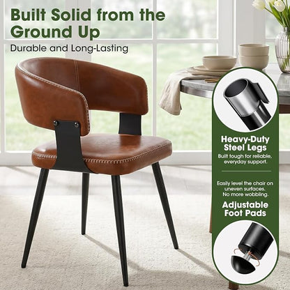 Dining Chairs Set of 2, Modern Upholstered PU Leather Kitchen & Dining Room Chairs with Curved Open Back Metal Legs, Kitchen Chairs for Dining Room Restaurant (Vintage Brown, Set of 2)
