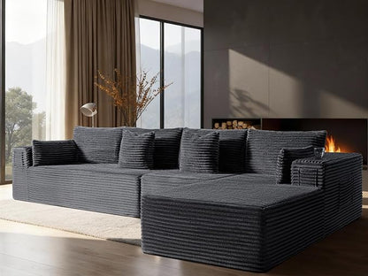 138" Oversized Cloud Sectional Couch, Comfort L Shaped Boneless Couch for Living Room, Extra Deep Seats No Assembly, Minimalist Modular Sofa, Corduroy (Dark Grey, 3 Seater+Right Facing Chaise)