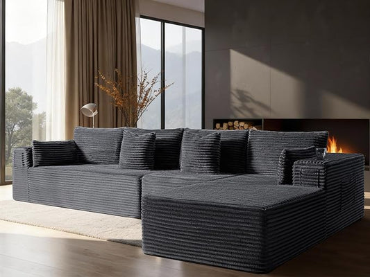 138" Oversized Cloud Sectional Couch, Comfort L Shaped Boneless Couch for Living Room, Extra Deep Seats No Assembly, Minimalist Modular Sofa, Corduroy (Dark Grey, 3 Seater+Right Facing Chaise)