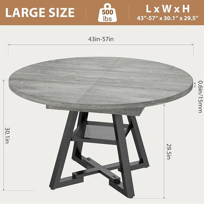 Expandable Kitchen Dining Table for 4-6, Oval Round Dining Table with Storage Shelf and Removable Extension Leaf, Space Saving Pedestal Table for Dining Room, Modern Industrial Style (Grey)