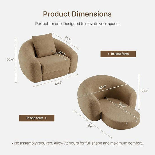 SICOTAS 49.9" Curved Convertible Sofa Couch Bed for Living Room Futon Cloud Boneless Sleeper Chair Pull Out Floor Couch with Deep Seat Single Sofa Foam Lounger No Assembly for Bedroom Apartment, Brown