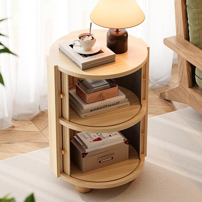 Round Nightstand with Sliding Doors and 2 Storage Shelves, Modern Bedside End Table, Suitable for the Bedroom (Oak)