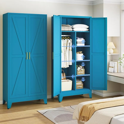 Metal Armoire Wardrobe Closet, 71" Steel Clothing Storage Cabinet with 2 Doors, Hanging Rod & Shelves, Bedroom Armoire Closet, Blue Wardrobe Cabinets for Bedroom