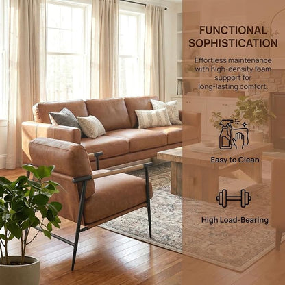 DUOMAY Mid-Century Modern Accent Chair Set of 2 Armchair Brown PU Leather Sofa Lounge Bedroom Chair with Metal Leg for Living Room Reading Office