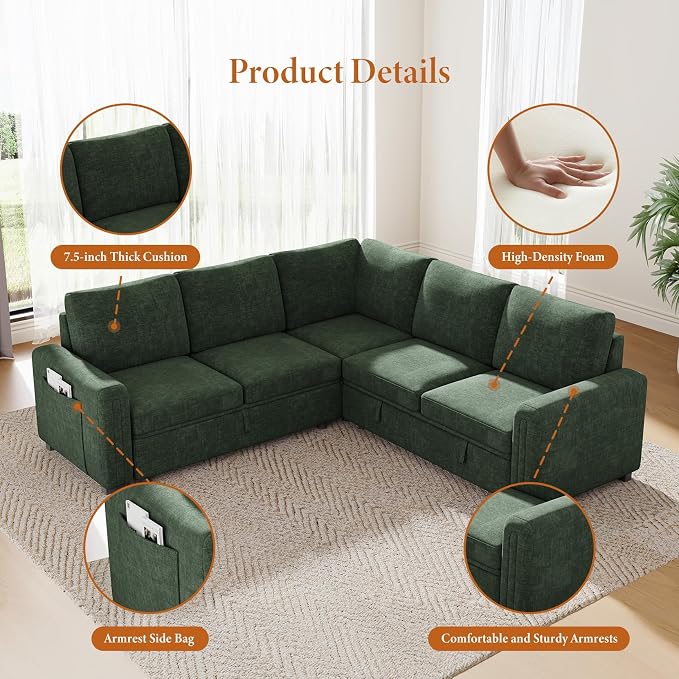 Vesgantti 88.4" Sectional Sleeper Sofa with Pull Out Bed, 5 Seater L Shaped Modular Sectional Couch with Storage, Comfy Chenille Modular Couch for Living Room, Bedroom, Apartment, Green