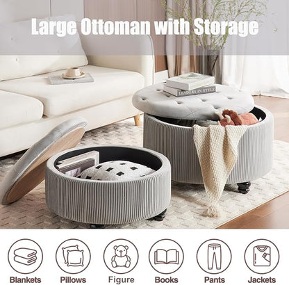 29&24.5inch Large Round Storage Ottoman Coffee Table Set of 2 Modern Button Storage Coffee Table with Removable Lid for Living Room Upholstered Footrest Stool for Bedroom (Large-Light Grey)