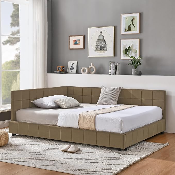 Bellemave Full Size Corner Bed Frame with Comfortable Backrest and Armrests, Velvet Tufted Corner Bed Frame Full Size, Upholstered Daybed for Bedroom, Living Room, Guest Room, Brown
