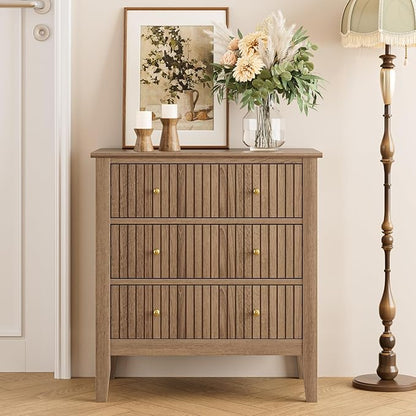 Night Stand, Fluted 3 Drawer Wide Farmhouse Nightstand with Gold Handle, Modern Wooden Bedside End Table for Bedroom, Living Room, Natural