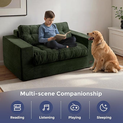 MAXYOYO Loveseat Sofa Couch, Upholstered Bean Bag Chair Cloud 2-Seat for Adults, Boneless Couch with Tufted Cushion & Pillows, Sofa in A Box, No Assembly Required, Dark Green