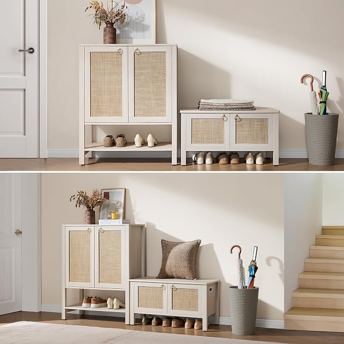 SICOTAS Rattan Storage Bench Boho Storage Chest with 2 Safety Hinges | Wood Storage Truck Box for Bedroom, Living Room, Entryway, Supports 220 lb, White Oak