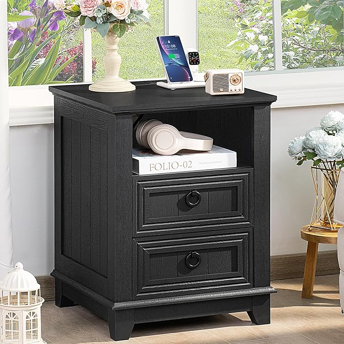 Joaxswe 18" Farmhouse Night Stand with Charging Station, 2 Drawers End Table Dresser for Bedroom, Black Wooden Nightstand, Bed Side Table with Open Shelf, Bedside Cabinet for Living Room, Closet