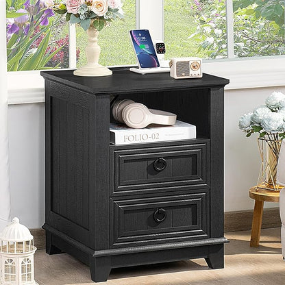 Joaxswe 18" Farmhouse Night Stand with Charging Station, 2 Drawers End Table Dresser for Bedroom, Black Wooden Nightstand, Bed Side Table with Open Shelf, Bedside Cabinet for Living Room, Closet