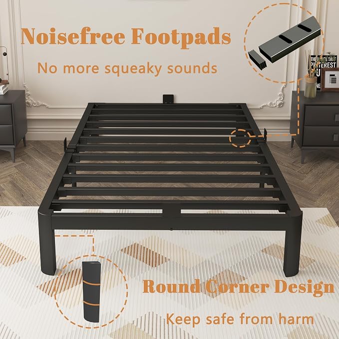 Black 10 Inch Twin Bed Frames, Metal Bed Frame Twin Size with Baffles, No Box Spring Needed, Rounded Corner Legs, Heavy Duty Steel Platform Support, Reserved Holes, Storage Space, Noise Free