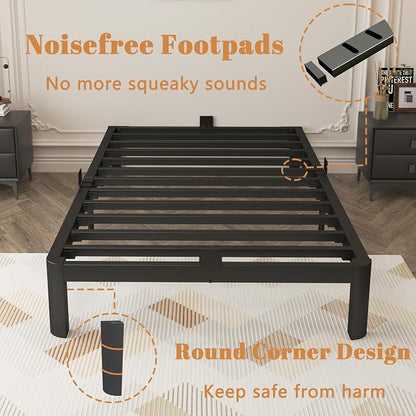 Black 10 Inch Twin Bed Frames, Metal Bed Frame Twin Size with Baffles, No Box Spring Needed, Rounded Corner Legs, Heavy Duty Steel Platform Support, Reserved Holes, Storage Space, Noise Free