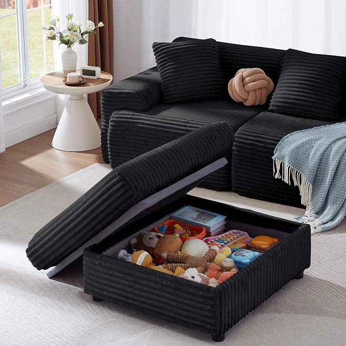 35" Corduroy Ottoman with Storage, Oversized Storage Ottoman for Living Room, Large Square Ottoman for Sofa Couch, Black