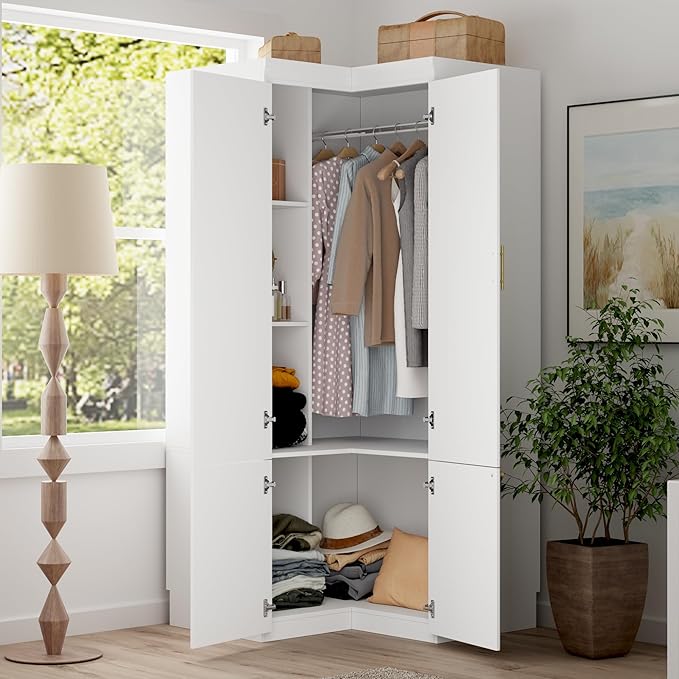 AIEGLE Corner Armoire Wardrobe Closet with Drawers, White Coat Closet with Doors, Modern Tall Wardrobe Corner Cabinet Closet with Hanging Rod for Bedroom, Freestanding, White, 35.4"D x 35.4"W x 74.2"H