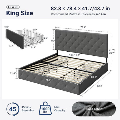 Allewie Upholstered King Size Platform Bed Frame with 4 Storage Drawers and Headboard, Diamond Stitched Button Tufted, Mattress Foundation with Wooden Slats Support, No Box Spring Needed, Light Grey