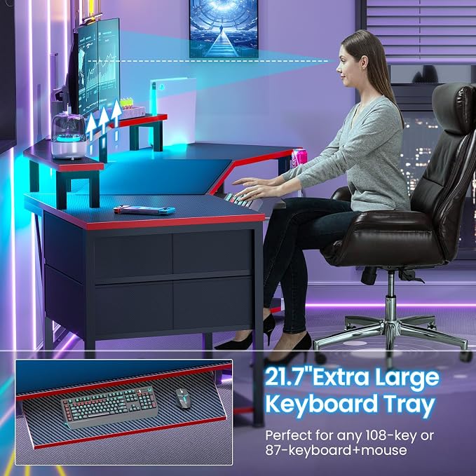 Itaar 79" Gaming Desk with 2 Fabric Drawers, Long Computer Desk with Power Strip & LED Lights, U Shaped Desk wtih Storage and Cup Holder, Large Gaming Table for Bedroom, Carbon Fiber Black+Red