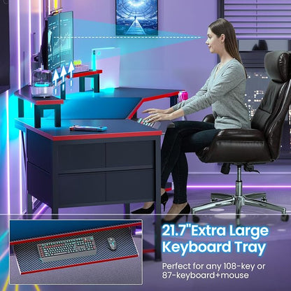 Itaar 79" Gaming Desk with 2 Fabric Drawers, Long Computer Desk with Power Strip & LED Lights, U Shaped Desk wtih Storage and Cup Holder, Large Gaming Table for Bedroom, Carbon Fiber Black+Red