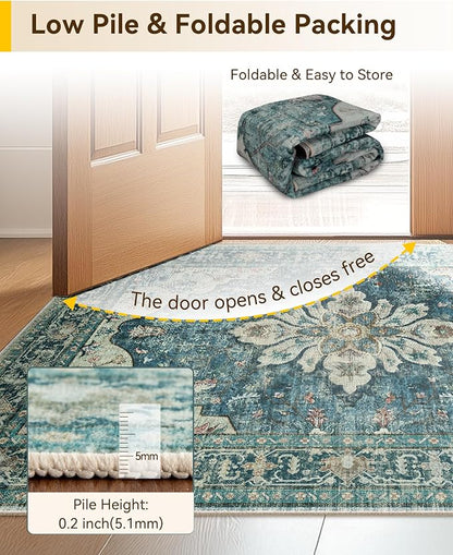 RELEANY Area Rugs Small 2'x3' Washable Non-Slip, Floral Vintage Distress Medallion Carpet for Kitchen Entryway Bathroom, Dark Blue Vintage