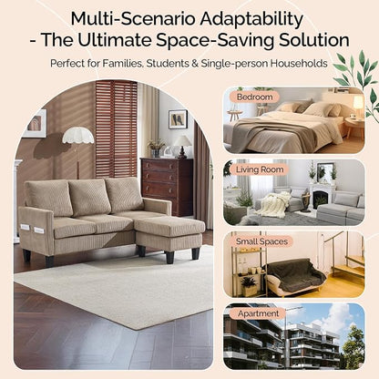 VINGLI 68.5' L Shaped Couch with Movable Storage Ottoman, Convertible Sectional Sofa in Soft Corduroy Fabric, Modern Reversible Chaise Couch for Small Spaces, Apartment, Living Room，Khaki