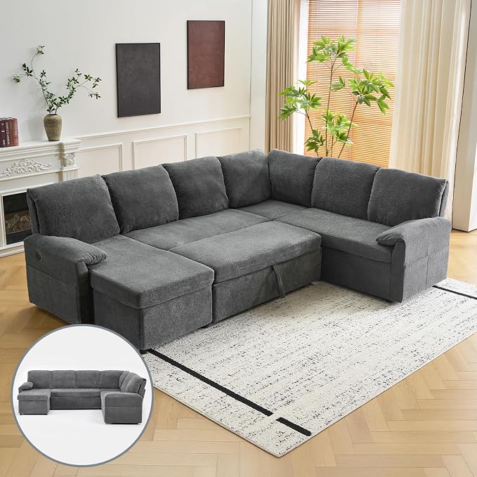 VINGLI 111 Inch U-Shaped Convertible Sofa Bed, 7 Seat Modular Sectional Sleeper Sofa with Pull Out Couch Bed Couches for Living Room with Storage Chaise, USB Charging, Side Pockets