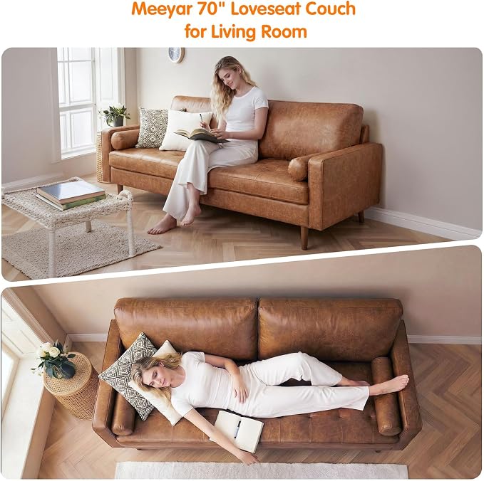 70" Mid-Century Modern Faux Leather Sofa, Comfortable Button Tufted Loveseat Couch with Bolster Pillows & Solid Wood Legs for Living Room, Apartment, Office, 1100lbs Capacity, Brown