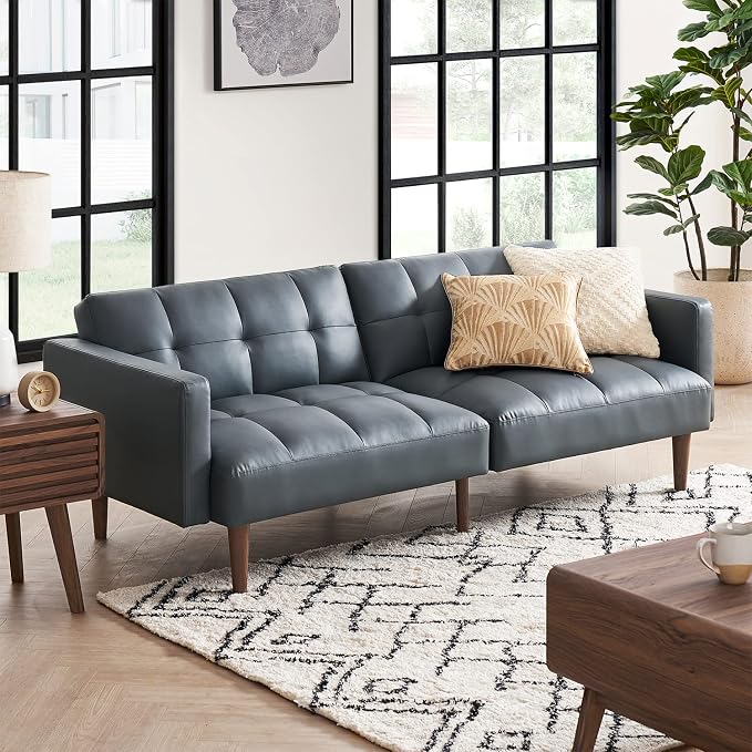 mopio Aaron 76.8" Couch, Small Futon Sofa Bed, Sleeper, Loveseat, Mid Century Modern Futon Couch, Sofa Cama, Couches for Living Room, Bedroom (Cloud Gray, Faux Leather)