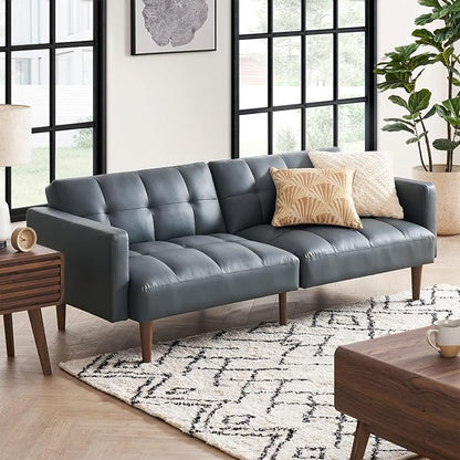 mopio Aaron 76.8" Couch, Small Futon Sofa Bed, Sleeper, Loveseat, Mid Century Modern Futon Couch, Sofa Cama, Couches for Living Room, Bedroom (Cloud Gray, Faux Leather)