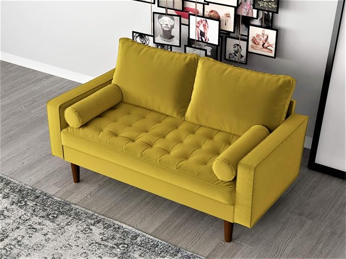 Container Furniture Direct Womble 58 Inch Velvet Loveseat Sofa with Elegant Button Tufted Upholstery, Square Arms, Splayed Wood Legs, Includes Matching Bolster Pillows, Dijon