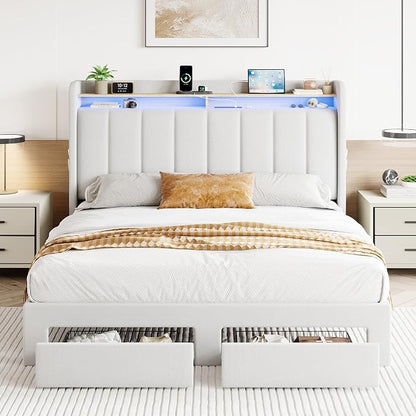 SHA CERLIN Velvet Full Size Bed Frame with Vertical Channel Tufted Wingback Headboard & 2 Storage Drawers/2-Tier Shelves with LED Lights & Charging Station/Noise-Free/No Box Spring Needed/White