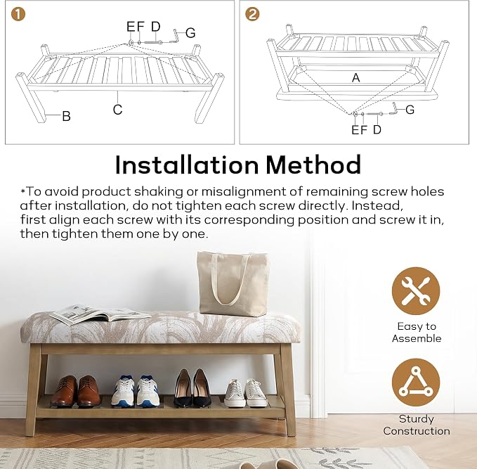 Entryway Bench with Cushion, Upholstered Shoe Rack Bench with Solid Wood Shelf, 44" End of Bed Bench for Bedroom, Chenille Fabric Storage Bench for Entryway, Hallway, Living Room (Textured Beige)