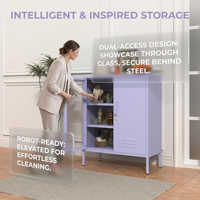 33" Tall Purple Metal Locker Storage Cabinet with Lock Left Glass Door and Right Metal Door 2 Adjustable Shelves Steel Storage Organizer for Foyer Living Room Size：33" H X 29.5" W X 13.8" D
