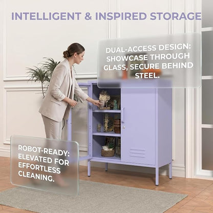 33" Tall Purple Metal Locker Storage Cabinet with Lock Left Glass Door and Right Metal Door 2 Adjustable Shelves Steel Storage Organizer for Foyer Living Room Size：33" H X 29.5" W X 13.8" D
